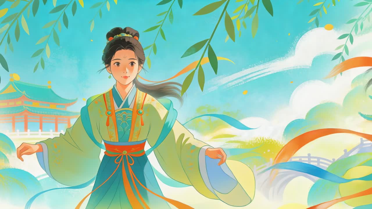 Due donne in hanfu camminano insieme verso sinistra attraverso il giardino di un palazzo, la brezza solleva lunghi nastri.
