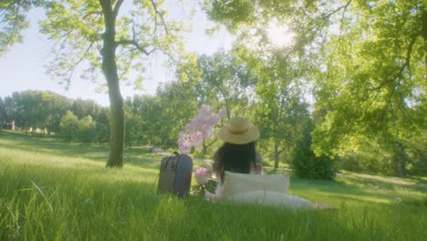 señora lleva sombrero de paja a la sombra de los árboles - picnic en el parque