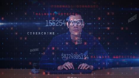 animation of computer writings, numbers and caucasian male programmer on black background