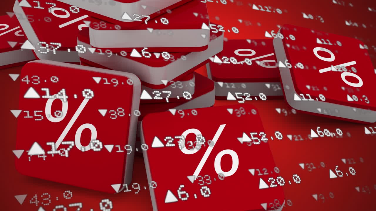 animación de cubos rojos con signo de porcentaje sobre gráficos y estadísticas