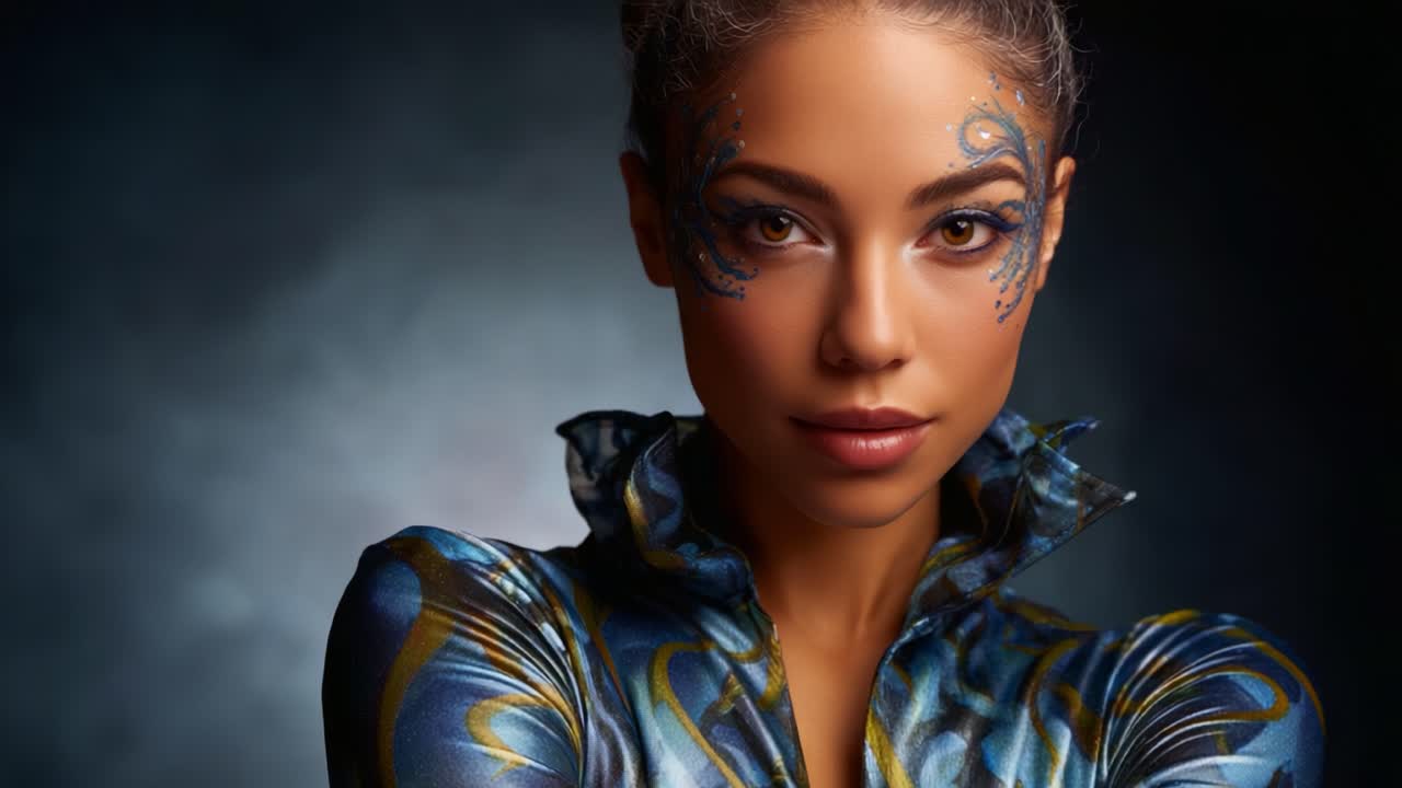 A striking portrait of a confident model showcasing vibrant face paint and a stylish outfit, exuding elegance and charisma in a dramatic lighting setup