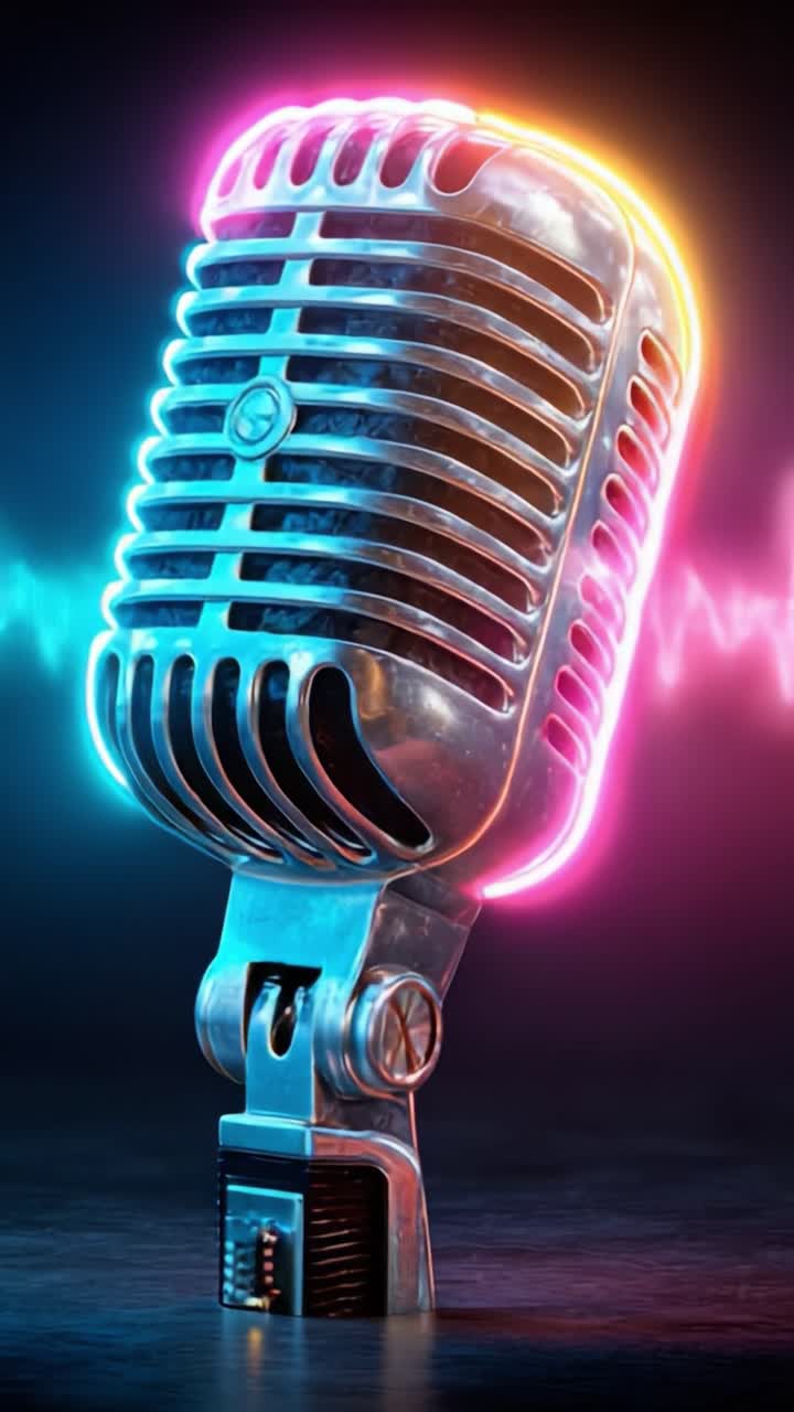 Microfono retrò vivace con bagliore al neon: un'immagine accattivante di onde sonore che rappresentano musica e performance in un'atmosfera dinamica.