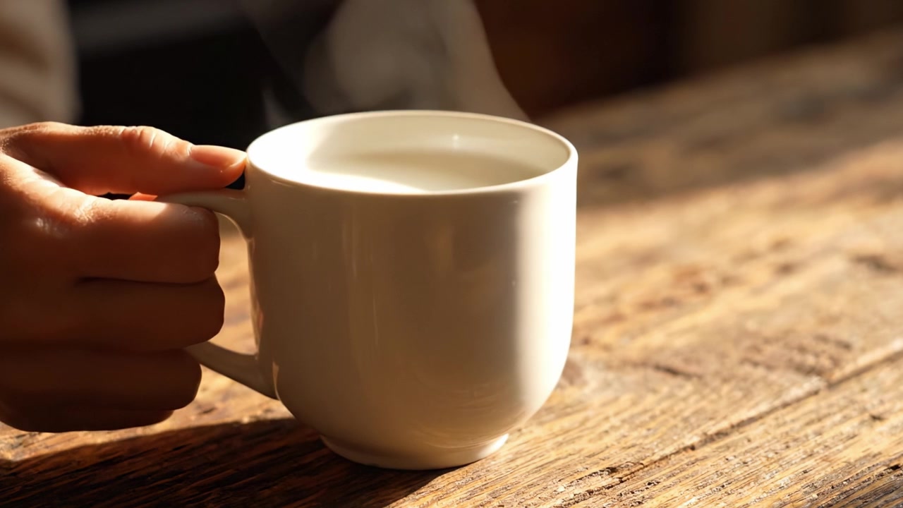Vapore che sale da una tazza di caffè appena fatto su un tavolo di legno rustico, evocando calore e comfort in un'atmosfera accogliente, perfetta per il relax e la riflessione.