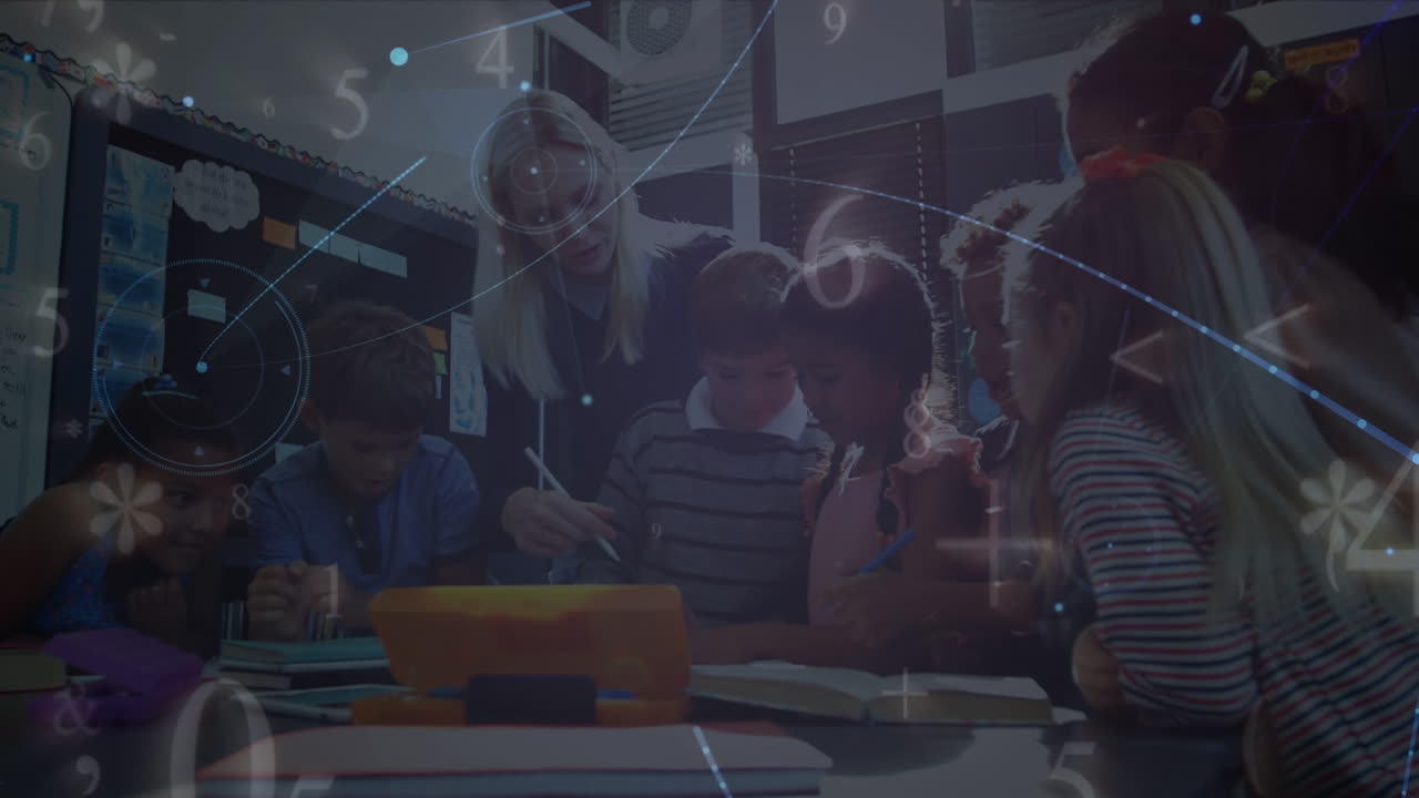 Animation of networks of connections and numbers over diverse schoolchildren and teacher