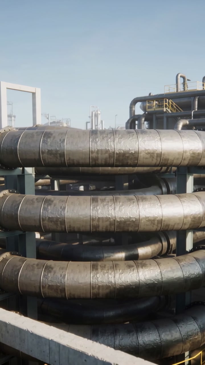 Vertical video: Handheld camera panning, showing coiled metal pipes, yellow rails, for plant survey