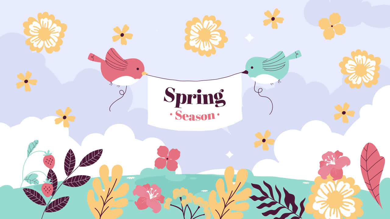새와 꽃을 가진 봄의 일러스트레이션