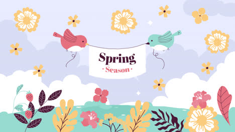 ilustración de la temporada de primavera con pájaros y flores