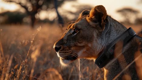 lion with tracking device in the savanna