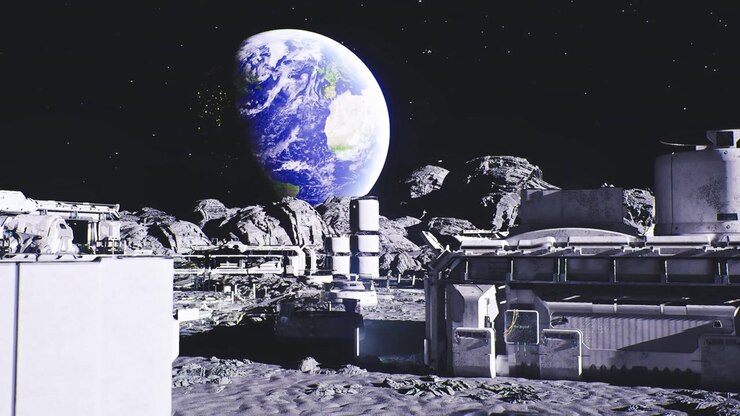 Lunar industrial setup earthlit lunar processing plant with infrastructure