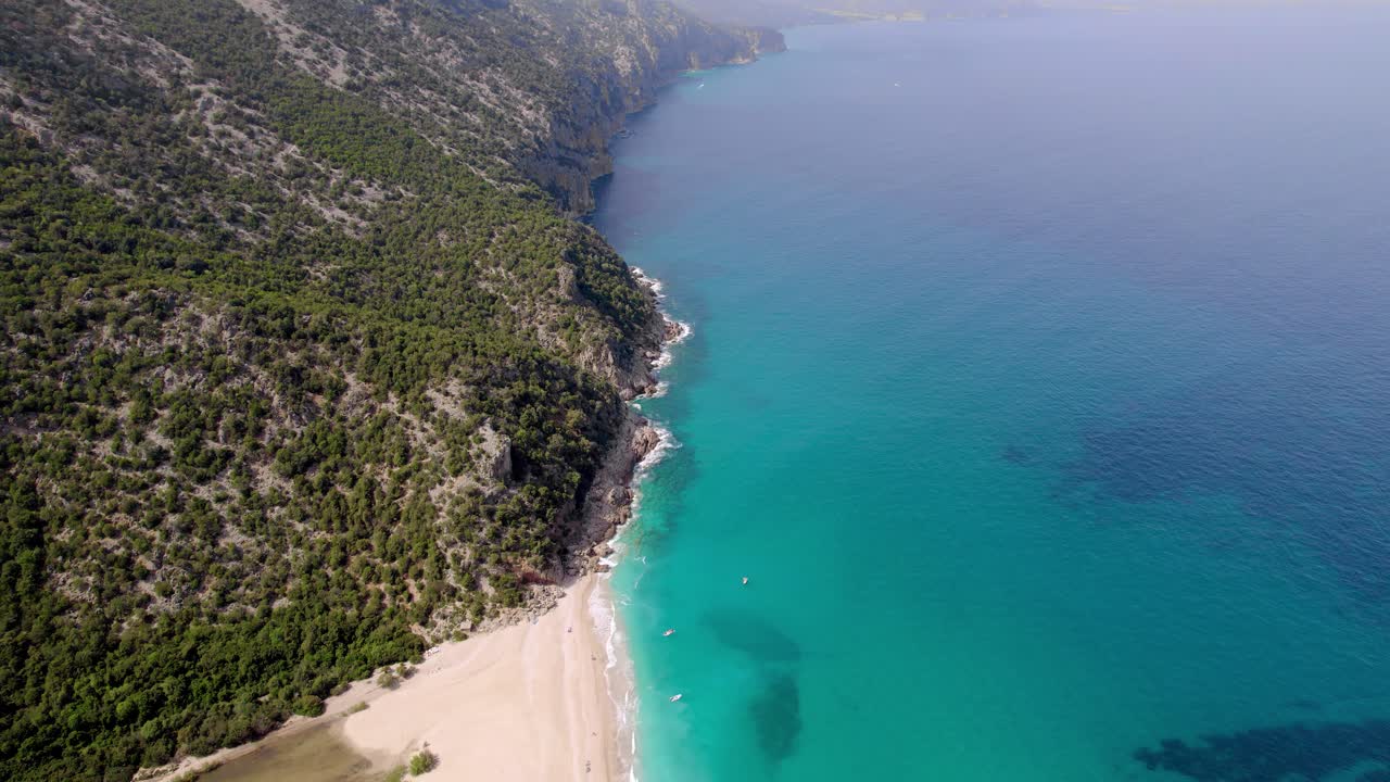 Aerial view of a beautiful beach with turquoise water, trees and cliffs