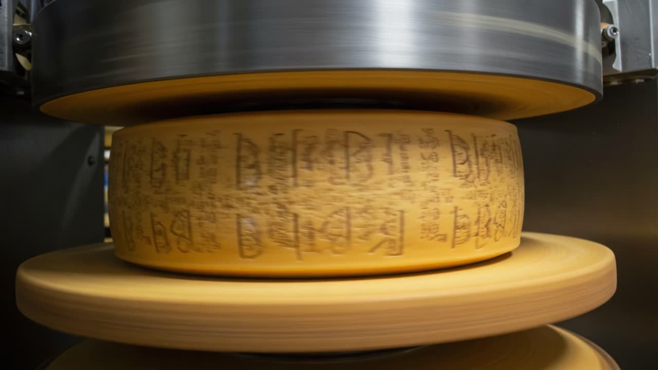 A Close-Up View of a Rotating Cheese Wheel Being Processed in a Cheese-Making Machine, Highlighting the Engraved Texture and Circular Motion of the Product