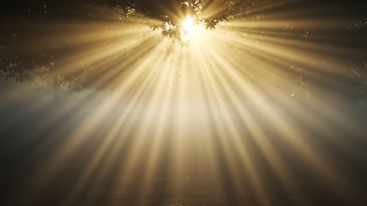 Ethereal Light Rays Breaking Through Leaves in a Misty Environment, Creating a Magical Atmosphere of Nature’s Serenity and Peacefulness