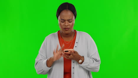 Frustrated,-phone-and-woman-on-green-screen