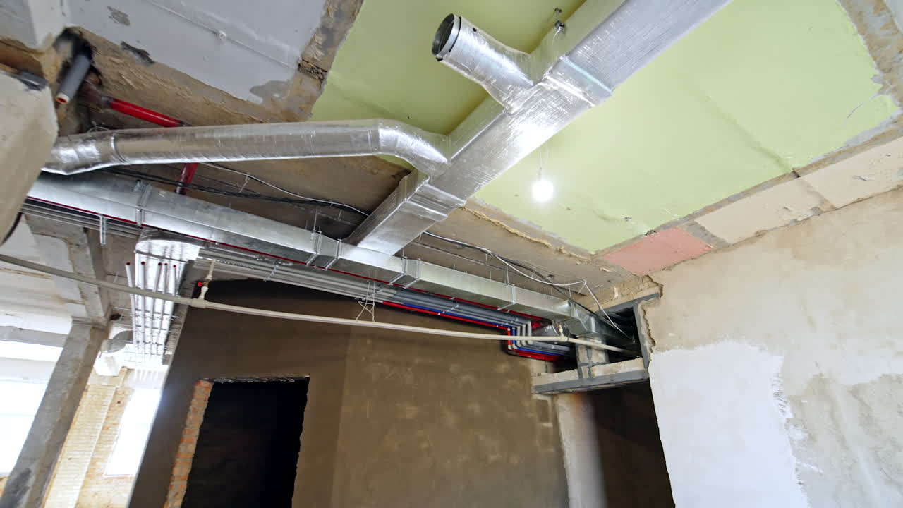 Panels of different colors on the ceiling of the renovated room. Low angle view. Metal and plastic pipes in the construction.