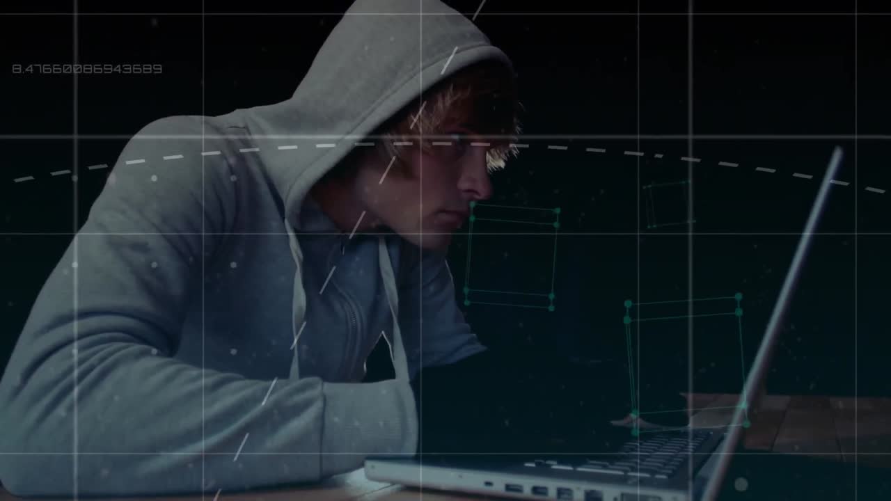 Animazione di elaborazione dati su hacker con laptop
