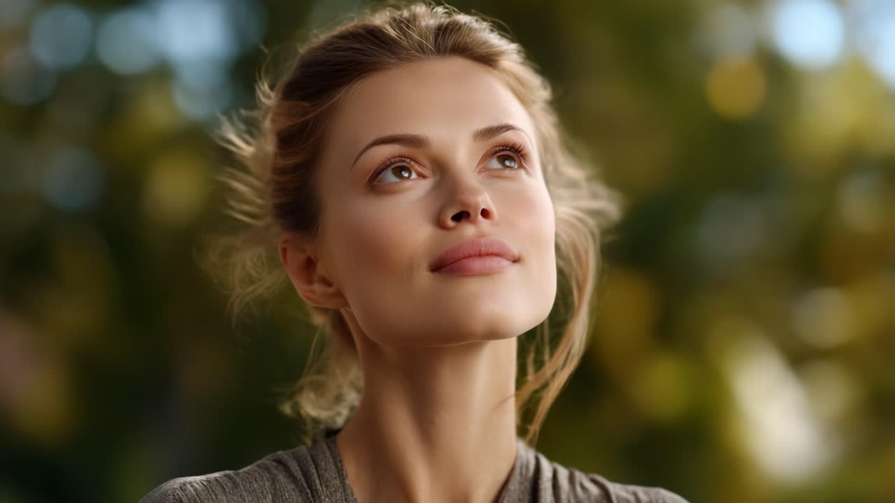 Una donna serena con un'espressione calma, che trova la pace interiore mentre è circondata dalla natura, catturata in un momento di riflessione e tranquillità.