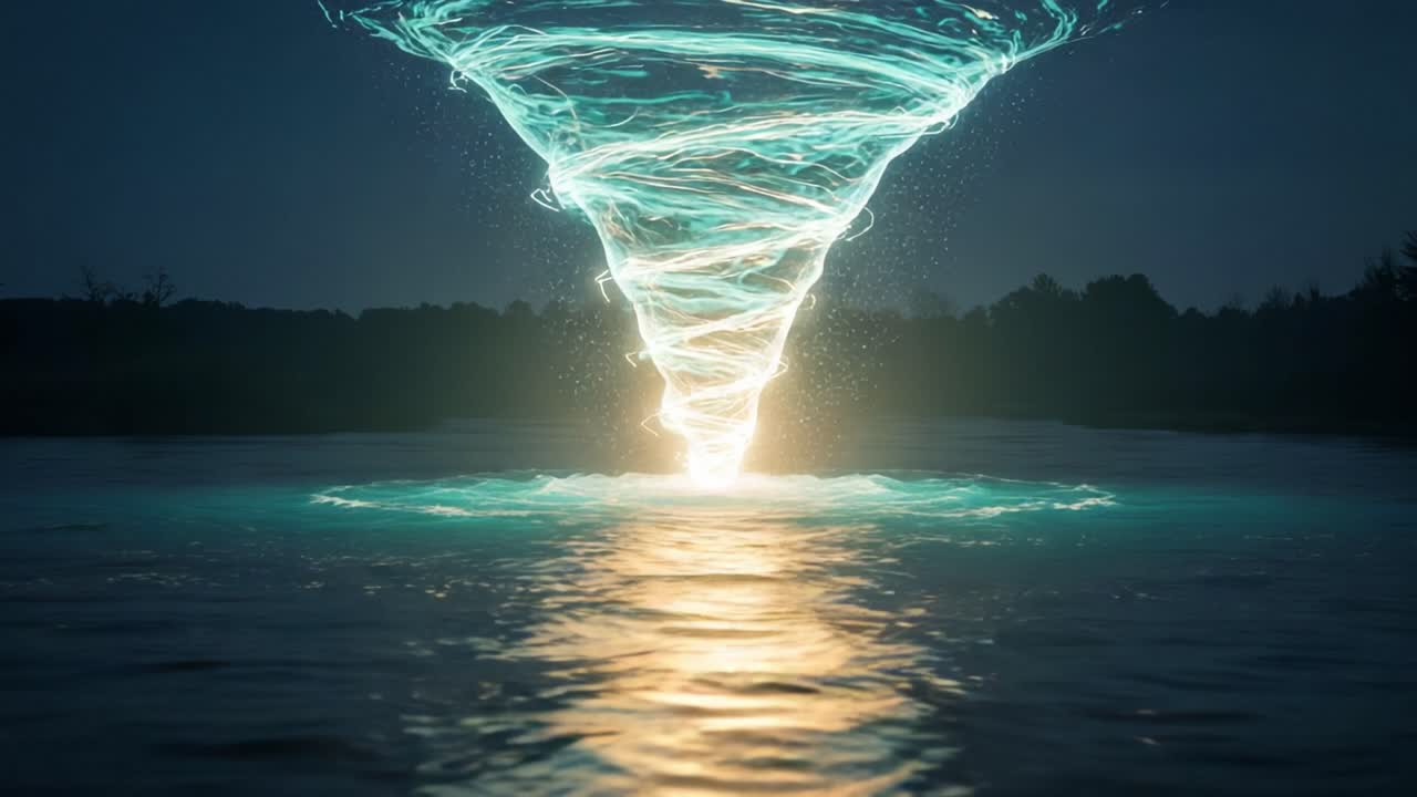 A dazzling display of luminescent energy spiraling downward into the water, creating a mesmerizing vortex of light and motion, captivating the viewer's attention