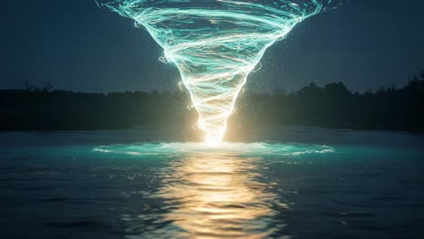 a dazzling display of luminescent energy spiraling downward into the water, creating a mesmerizing vortex of light and motion, captivating the viewer's attention