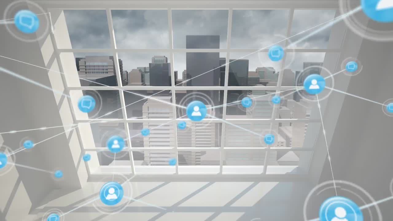도시 풍경과 함께 창 위의 아이콘으로 연결 네트워크의 애니메이션