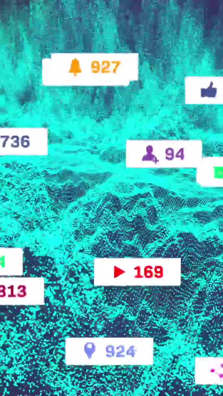 Animation af notifikationsbjælker over prikker, der danner et dynamisk mønster mod en abstrakt baggrund