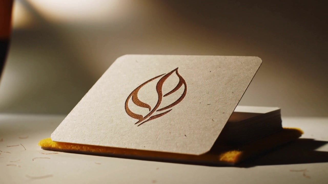 Settling kraft card tilting and rotating on tabletop pad, revealing white cards and light shadow