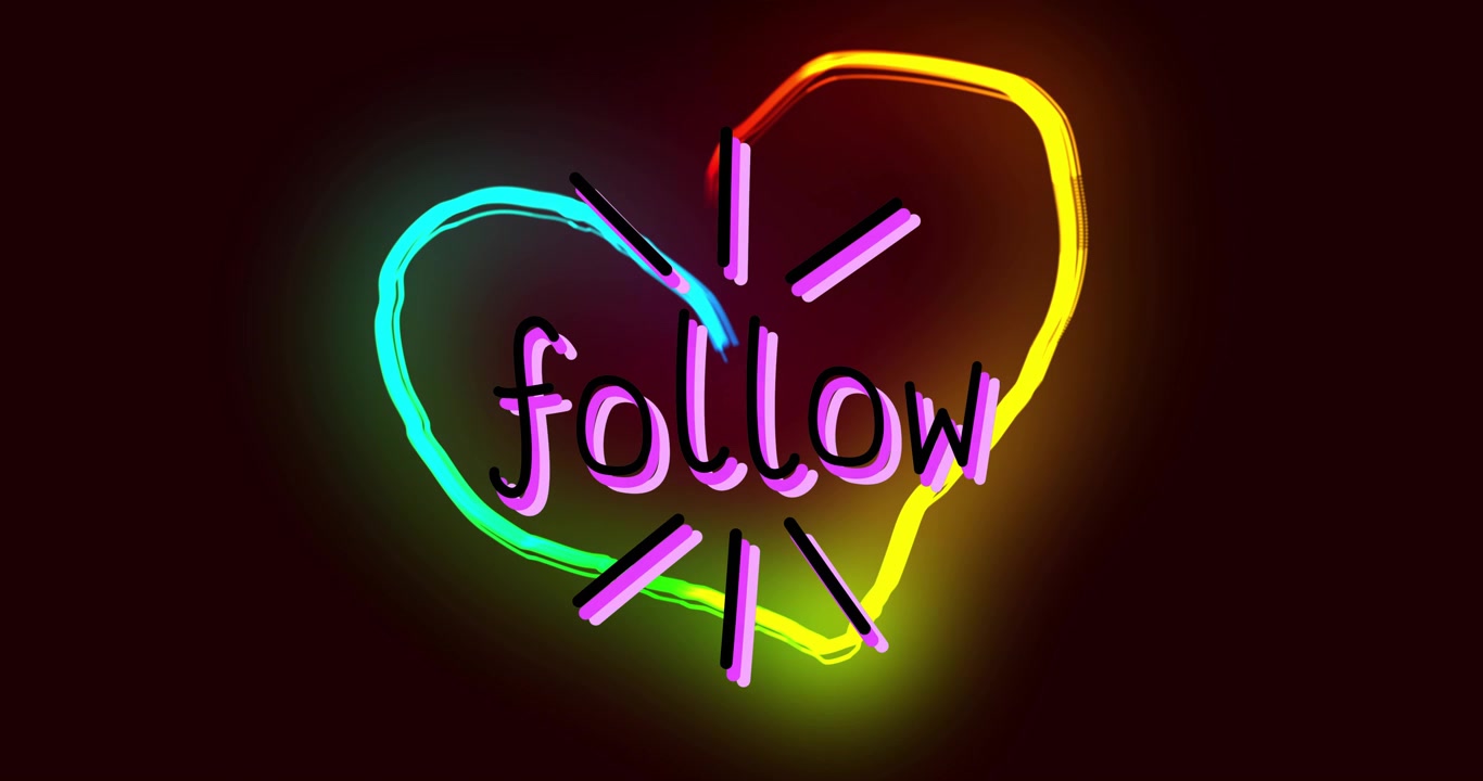 Tratto luminoso che parte sopra un neon 'follow', si muove in senso orario e forma un cuore, enfatizzando 'follow'