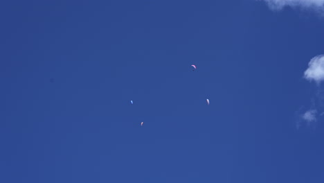 Four-parachutes-are-flying-high-in-a-blue-sky-with-a-few-clouds-over-the-swiss-alps,-Engelberg,-Obwalden