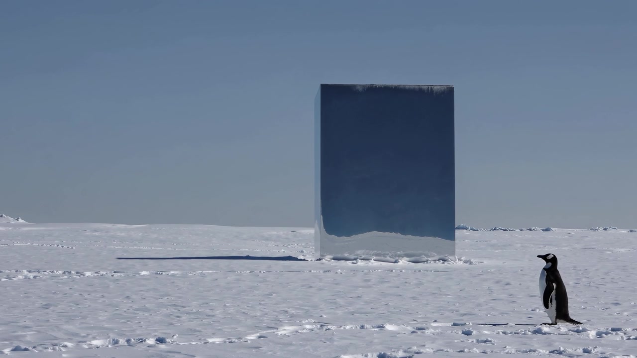 A Penguin Standing Near a Large Mirrored Monolith in Antarctica