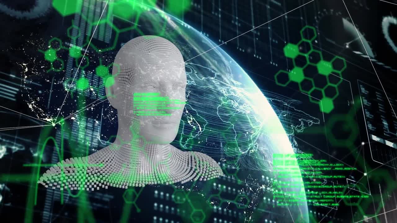 animación del procesamiento de datos diversos sobre el modelo humano en un fondo digital negro
