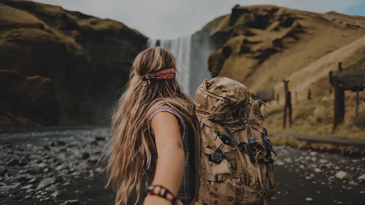 Rückansicht einer jungen Reisenden mit großem Wanderrucksack, die an einem felsigen Fluss steht und einen hohen Wasserfall in einem zerklüfteten Bergtal im Freien betrachtet