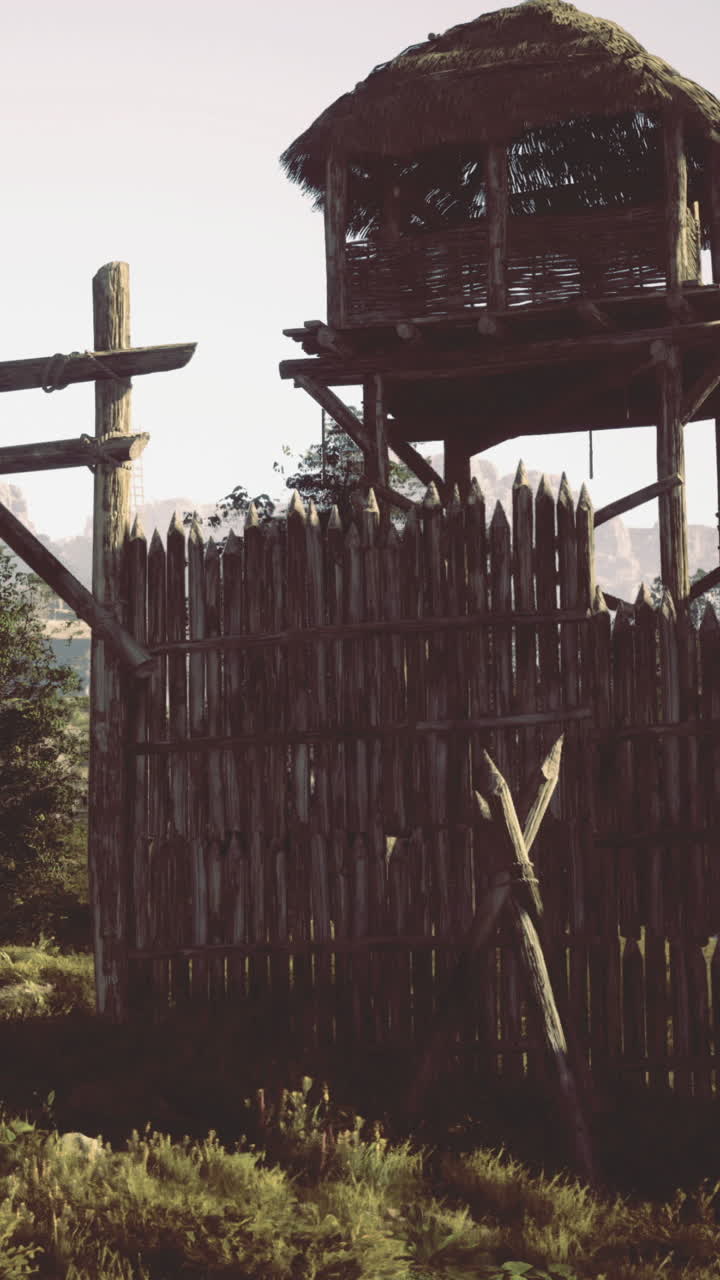 Una torre di avvistamento in legno si erge alta accanto a una robusta palizzata in un ambiente tranquillo.