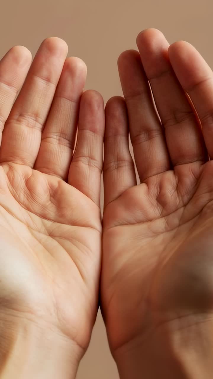 Vertical video: Holding cupped palms since frames begin at beige wall, person keeping them empty