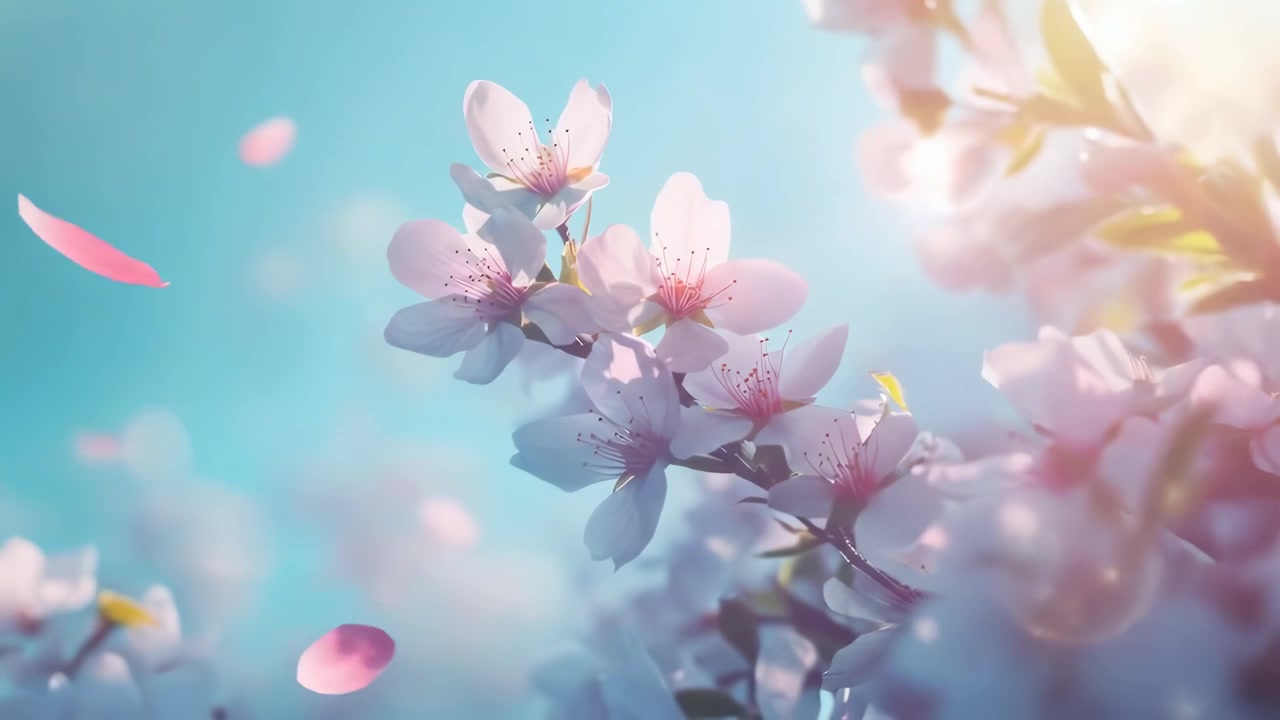 日差しの中で花びらが舞い散る満開の桜の花