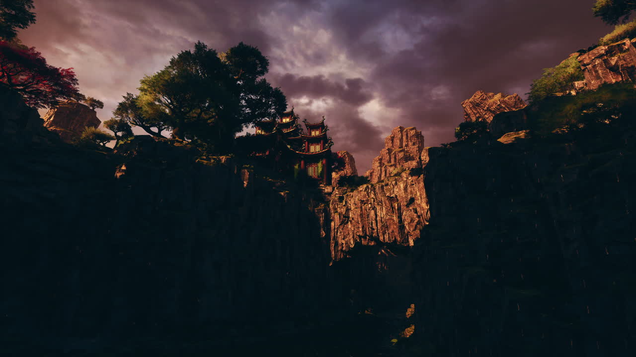 Ancient asian temple nestled in dramatic mountain landscape at dusk