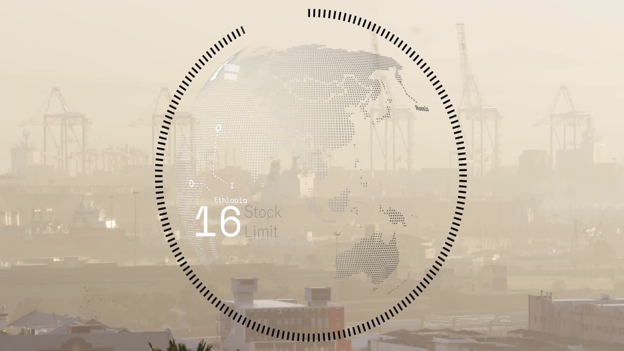 Faint dotted South America map appearing, globe HUD forming and updating stock limits for tracking