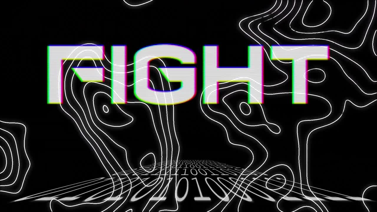 animación de texto blanco, lucha, sobre una carta topográfica en movimiento y codificación binaria, en negro