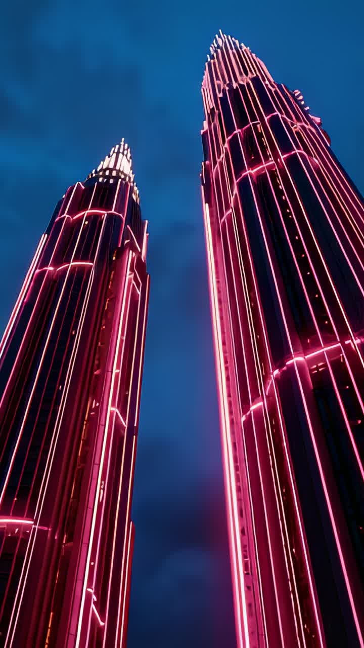 Vertical video: Tilting low-angle camera upward over twin towers at dusk, with pink neon highlights