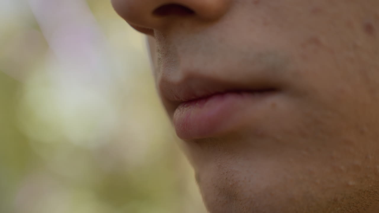 Side view of young tourist looking lost in forest, freckled skin and brown lashes framing green eyes, pink lips parted, auburn hair strands across forehead against blurred forest under sunlight