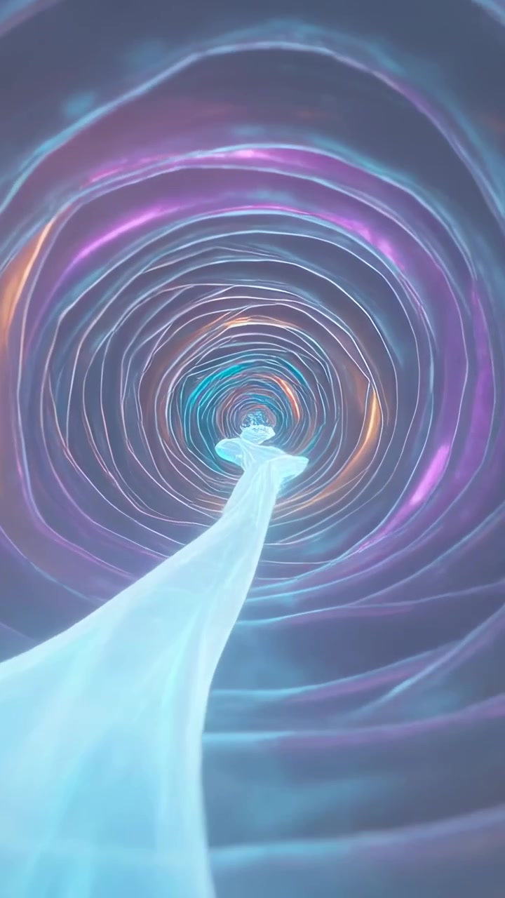 Vertical video: Moving camera causing translucent ribbon advancing in spiral rings toward lit core