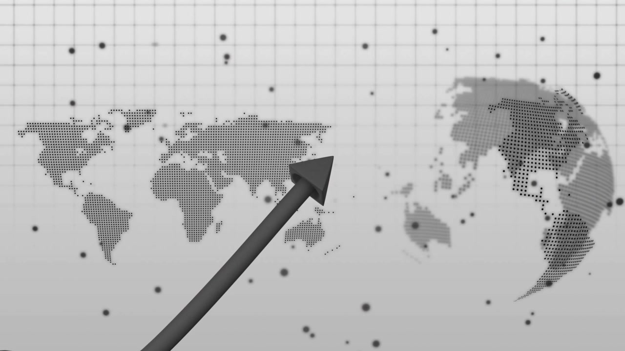 Vídeo vertical: Flecha surge perto de um mapa pontilhado, varrendo em direção a um globo pontilhado, exibindo o fluxo de dados de TI.