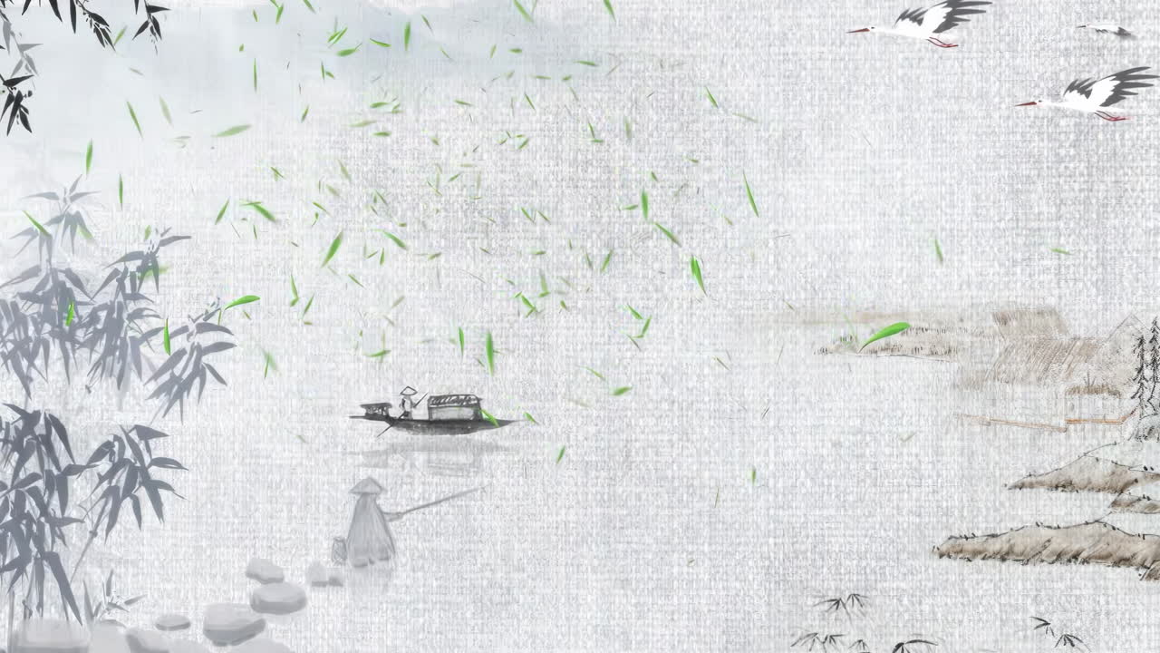 신비로운 풍경: 중국의 전통적인 동양 디지털 예술 애니메이션, 중국 레트로 페인팅 잉크, 꽃, 나무, 새, 흐린 배경의 강