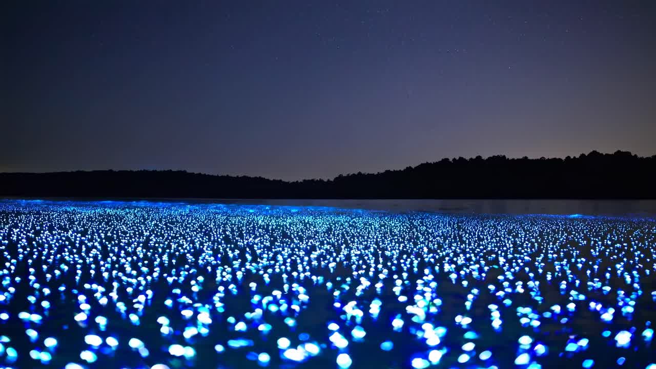 A mesmerizing low-angle video captures a vast field of glowing blue bioluminescent organisms