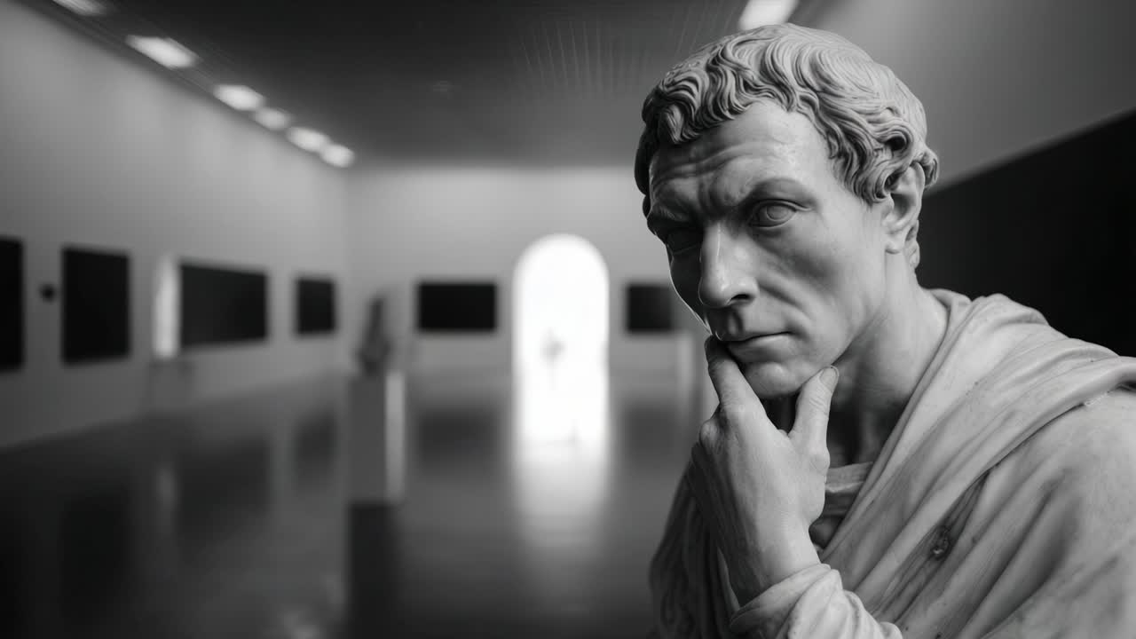 Una statua di marmo pensierosa che riflette la contemplazione in un contesto di galleria d'arte, catturando l'essenza della filosofia e della storia in un'immagine monocromatica suggestiva.