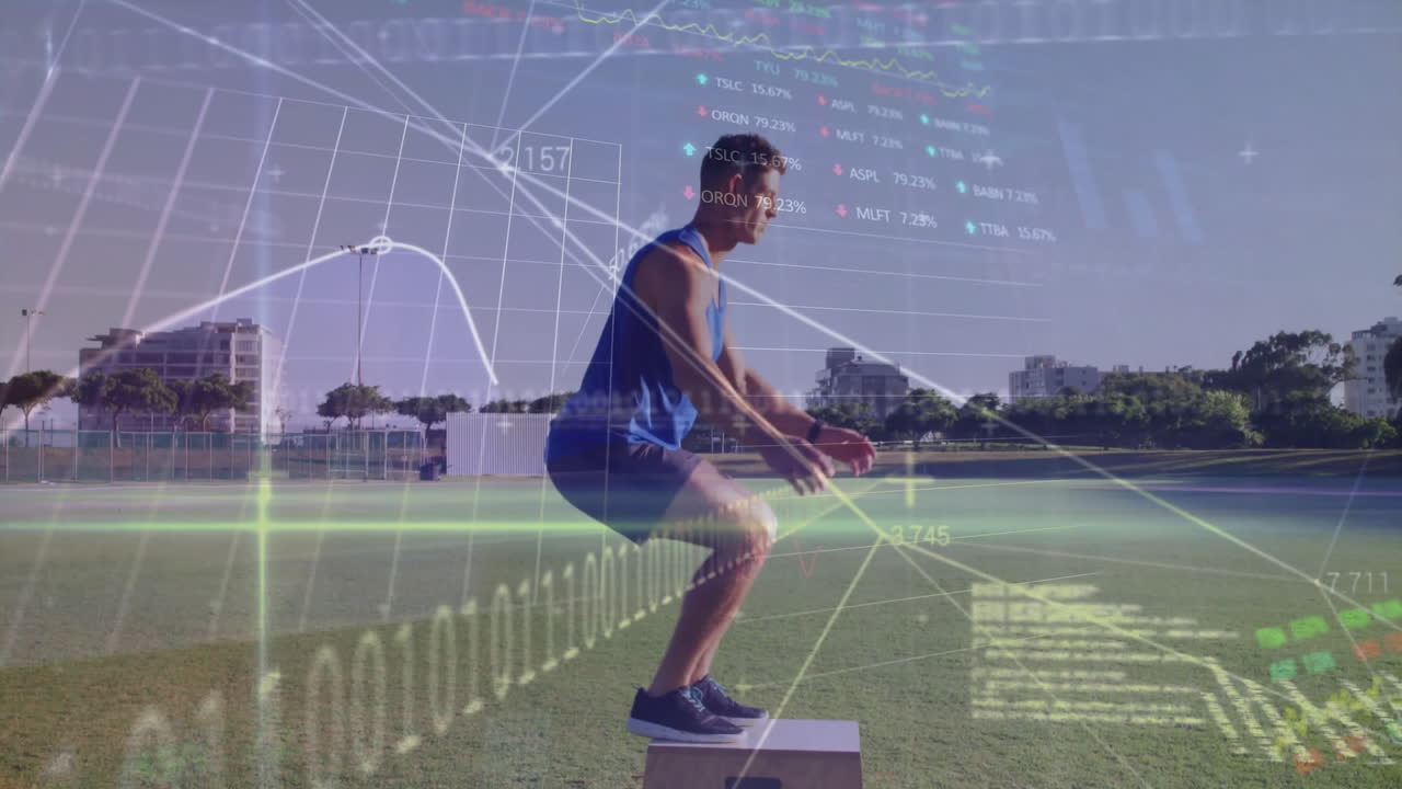 Athlete exercising on field with data and binary code overlay animation