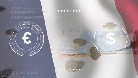 euro and dollar currency symbols animation over banknotes and coins