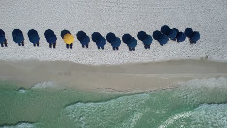 Blue-umbrellas-on-Destin-Beach-gulf-coast-panhandle-Florida-white-sandy-beach-clear-emerald-waters-fly-over-with-drone-aerial-view-bright-sunny-day