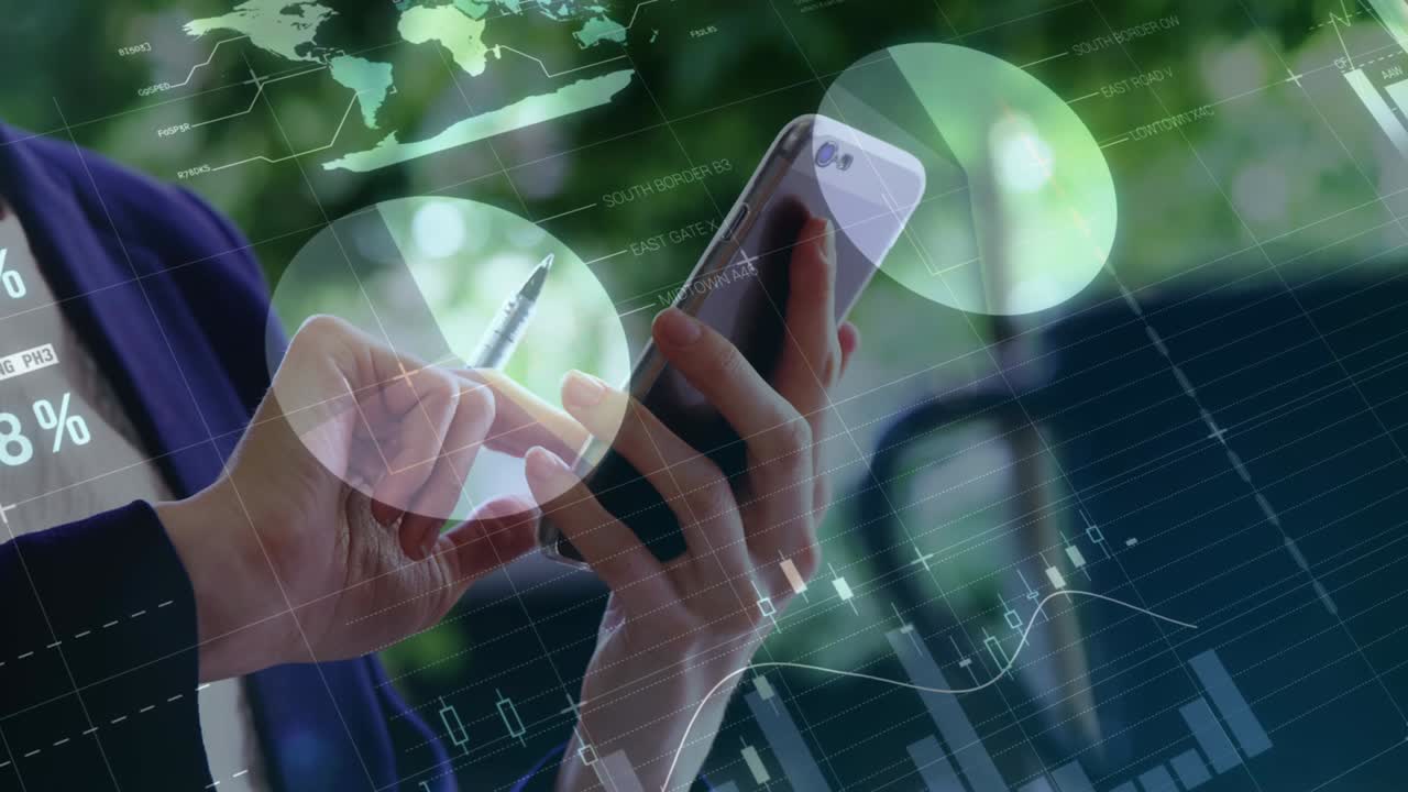 animación de estadísticas y procesamiento de datos sobre mujeres de negocios que usan teléfonos inteligentes