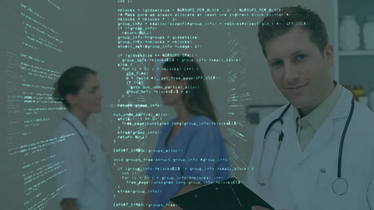 Medical team wearing stethoscopes in clinic, with digital code overlay mapping health data