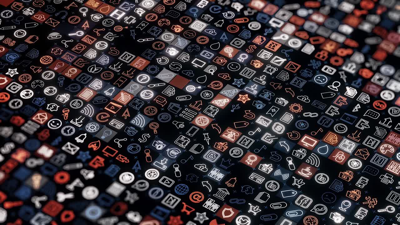 Abstract small edless cells with different icons background, seamless loop. Animation. Digital scren with modern signs, technologies concept