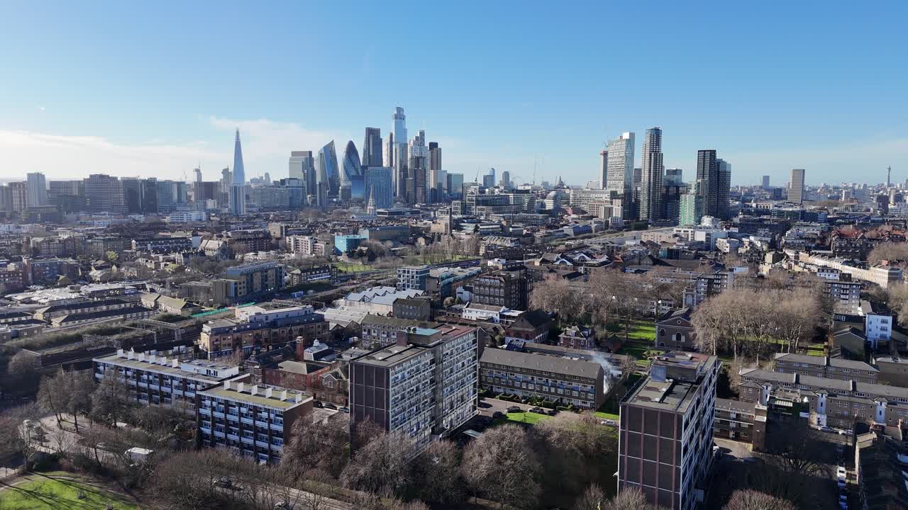 Council housing with London City skyline in background , Tower Hamlets aerial